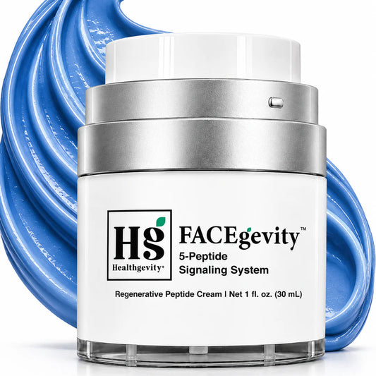 A white FaceGevity cosmetic jar labeled H.G.